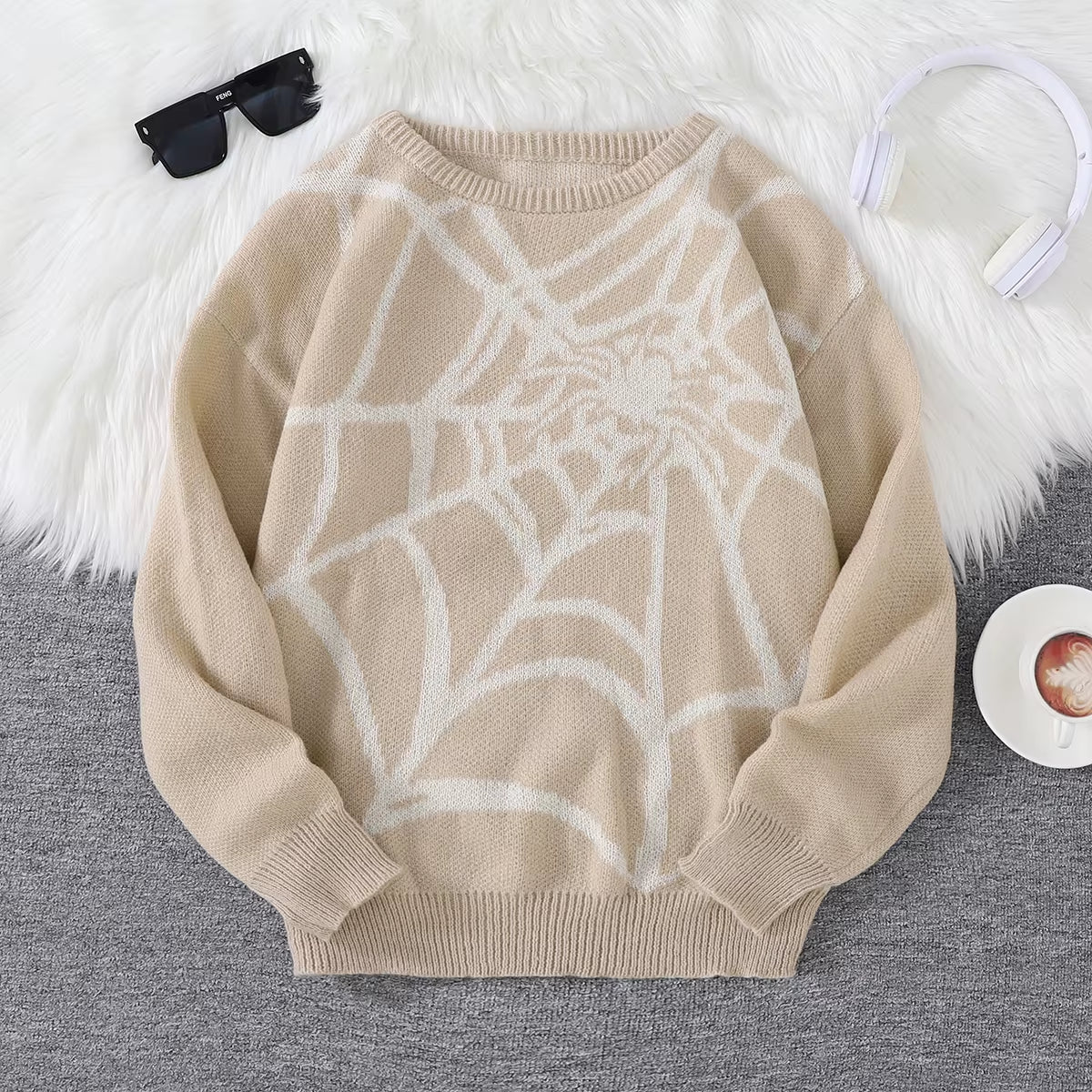 New Popular Autumn and Winter Spider Web Jacquard Pattern Pullover Sweater Casual round Neck Knitted Men'S Pullover