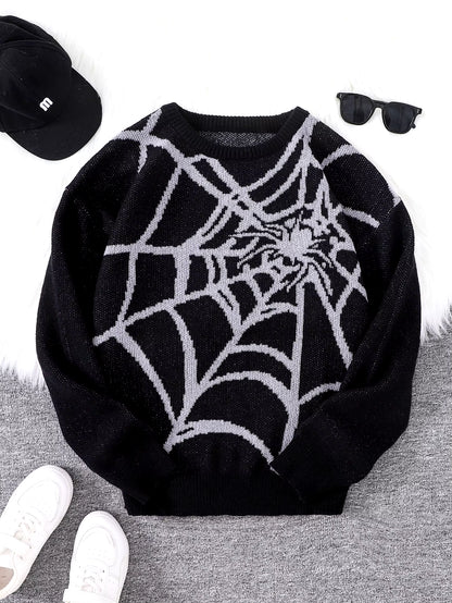 New Popular Autumn and Winter Spider Web Jacquard Pattern Pullover Sweater Casual round Neck Knitted Men'S Pullover