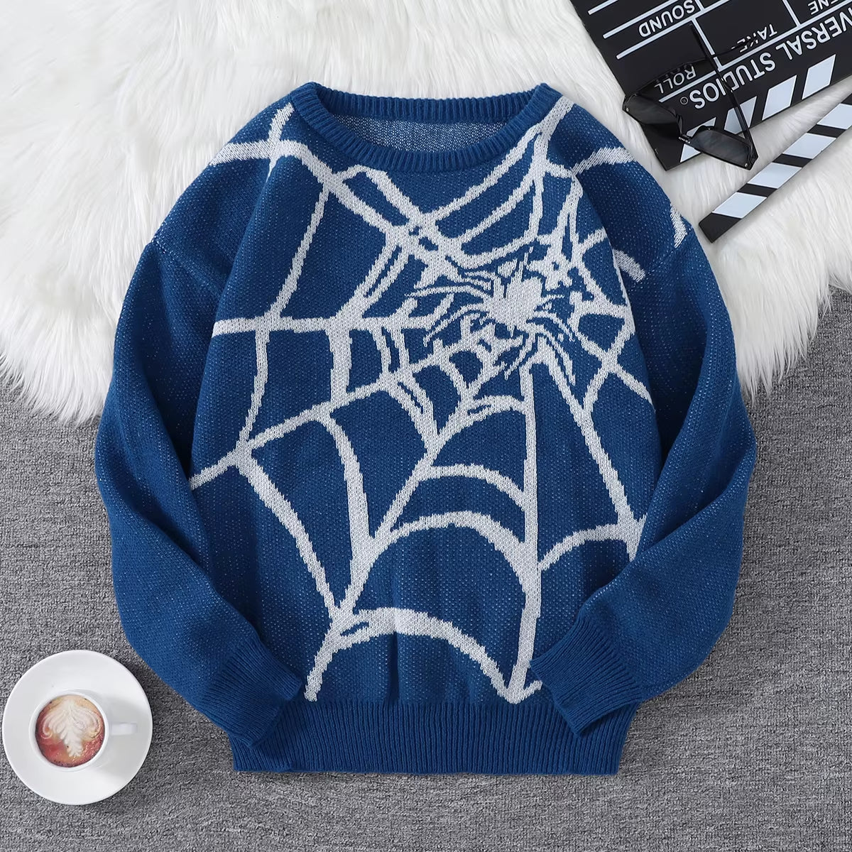 New Popular Autumn and Winter Spider Web Jacquard Pattern Pullover Sweater Casual round Neck Knitted Men'S Pullover